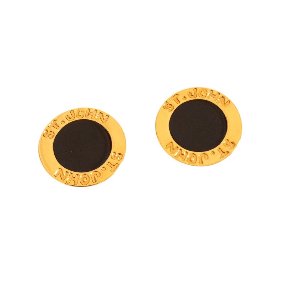 ST JOHN Vintage Logo Gold- Tone And Black Enamel Open Circle Earrings